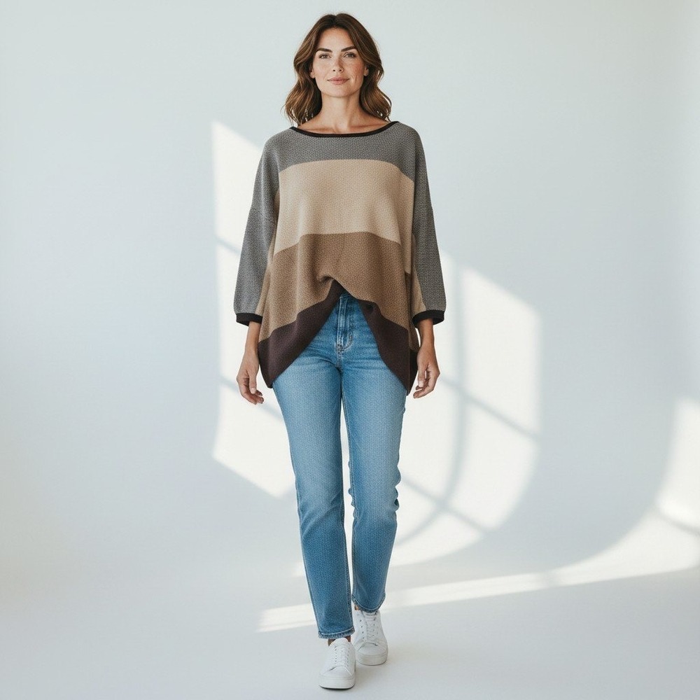 J.Jill Womens Colorblock Textured Knit Sweater Lagenlook Cottagecore SZ L Brown